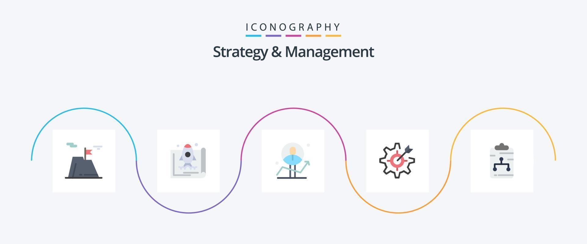 Strategie- und Management-Flat-5-Icon-Pack inklusive Ausrüstung. konfigurieren. Marketing. Erfolg. Diagramm vektor