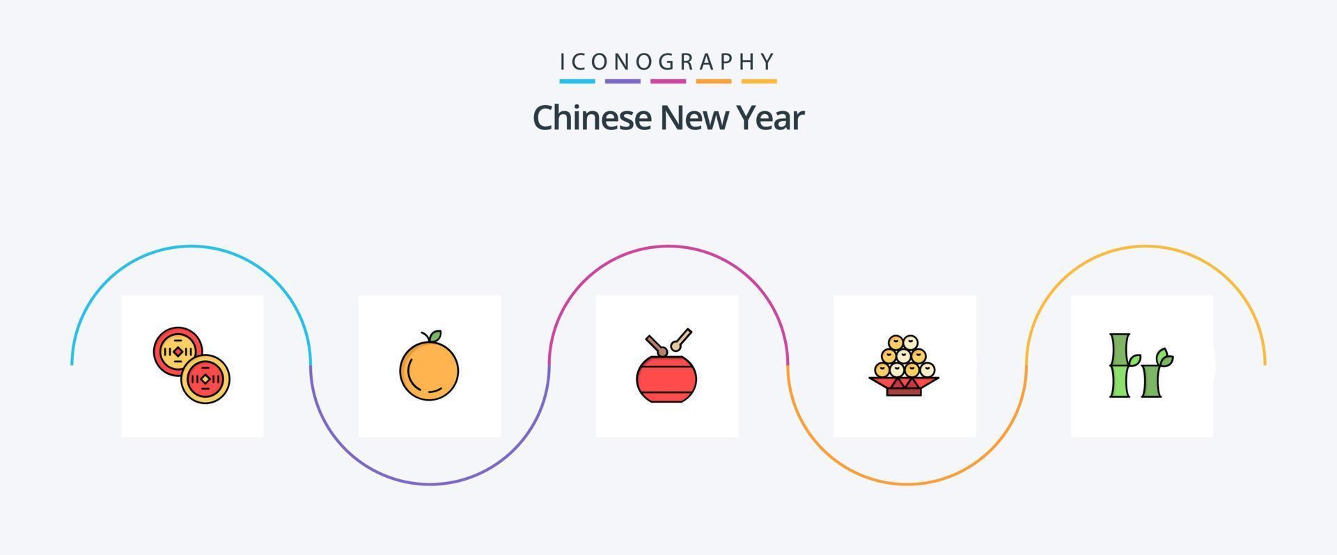kinesisk ny år linje fylld platt 5 ikon packa Inklusive firande. nyår. äpple. år. kinesisk vektor
