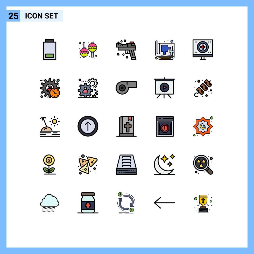 Aktienvektor-Icon-Pack mit 25 Zeilenzeichen und Symbolen für Gesundheitsdruck-Waffenpapierdokument editierbare Vektordesign-Elemente vektor