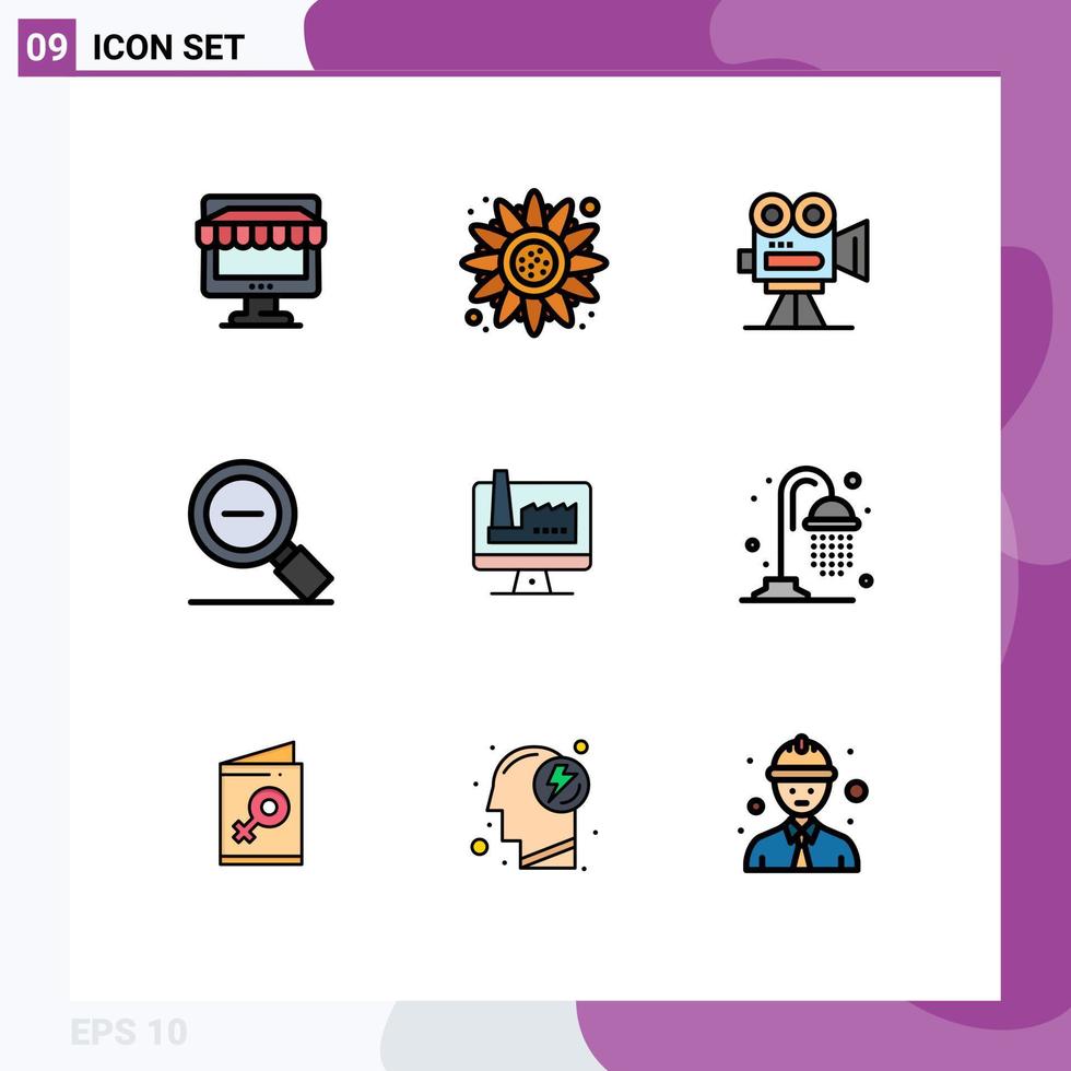 Piktogrammsatz von 9 einfachen gefüllten flachen Farben der Suche weniger vergrößern Danksagung weniger Film editierbare Vektordesign-Elemente vektor