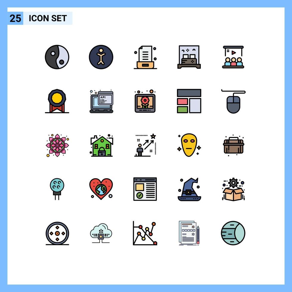 mobil gränssnitt fylld linje platt Färg uppsättning av 25 piktogram av användare handledning kontor video sömn redigerbar vektor design element