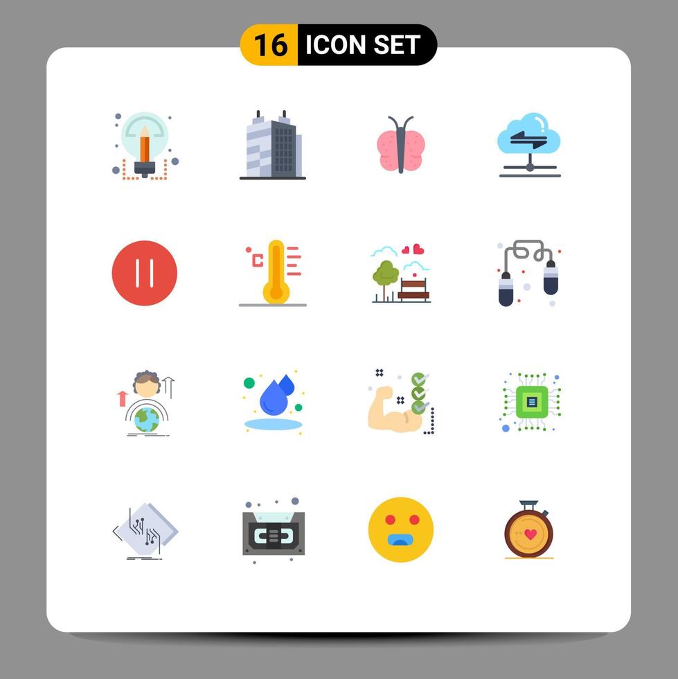 Gruppe von 16 flachen Farbzeichen und Symbolen für die Pausensteuerung Schmetterlingsdatenwolke editierbares Paket kreativer Vektordesignelemente vektor