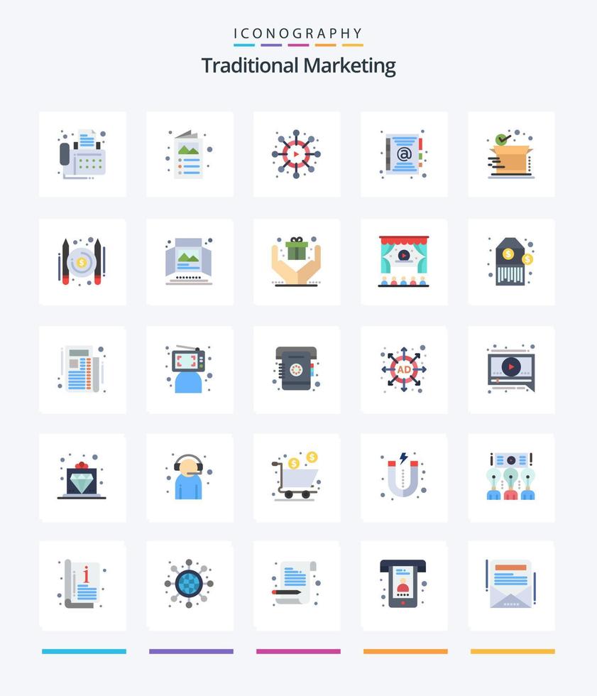 kreatives traditionelles Marketing 25 Flat Icon Pack wie Versand. Lieferung. Netzwerk. Kasten. Buchen vektor