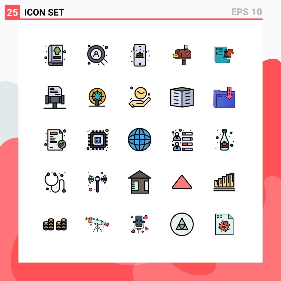 redigerbar vektor linje packa av 25 enkel fylld linje platt färger av strategi schack mobil brev låda kärlek redigerbar vektor design element