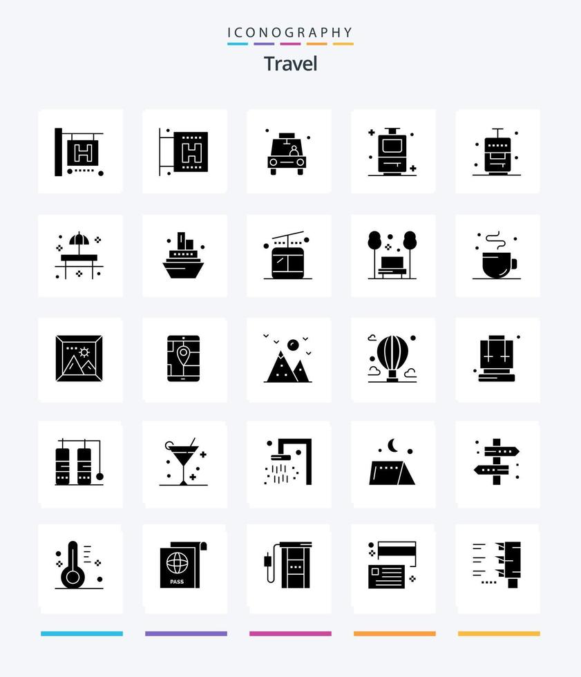 Creative Travel 25 Glyph Solid Black Icon Pack wie Restaurant. Strand. Tasche. Urlaub. Koffer vektor