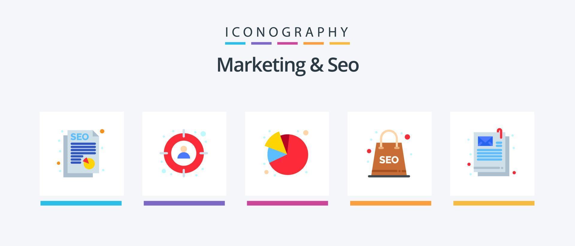 Marketing und SEO Flat 5 Icon Pack inklusive . Email. Kuchendiagramm. dokumentieren. seo. kreatives Symboldesign vektor