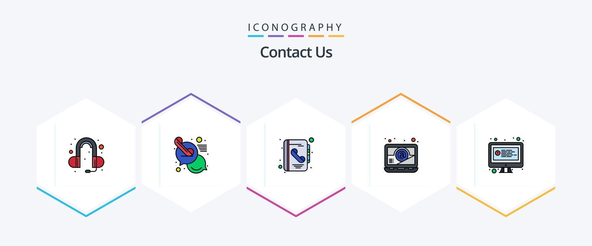 Kontakt oss 25 fylld linje ikon packa Inklusive chatt. uppkopplad. bok. dator. e-post vektor