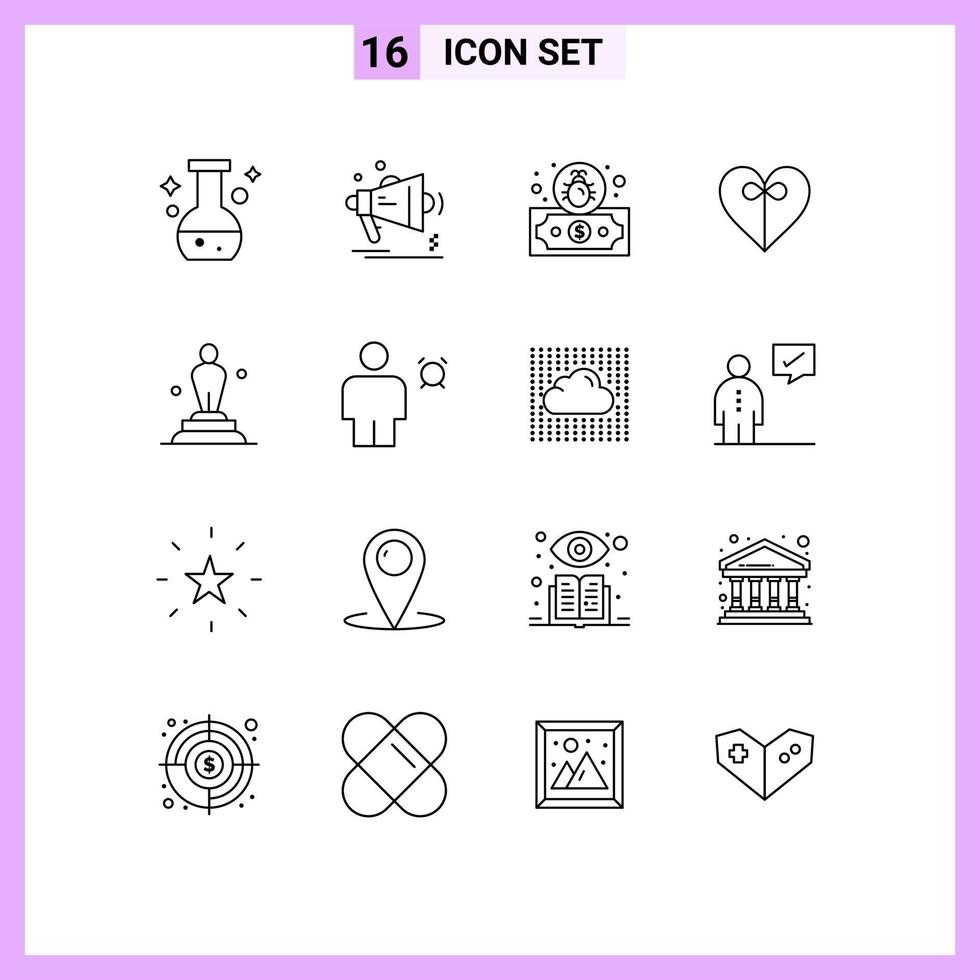piktogram uppsättning av 16 enkel konturer av Oscar akademi högtalare band hjärta redigerbar vektor design element