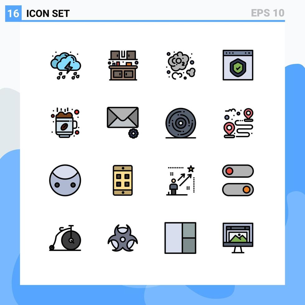 mobile schnittstelle flache farbe gefüllte linie satz von 16 piktogrammen der schutzschnittstelle küche überprüfen dioxid editierbare kreative vektordesignelemente vektor