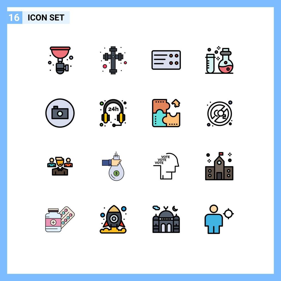 moderner Satz von 16 flachen, farbgefüllten Linien und Symbolen wie bearbeitbare kreative Vektordesign-Elemente für Multimedia-Medienkarten-Kameralabore vektor