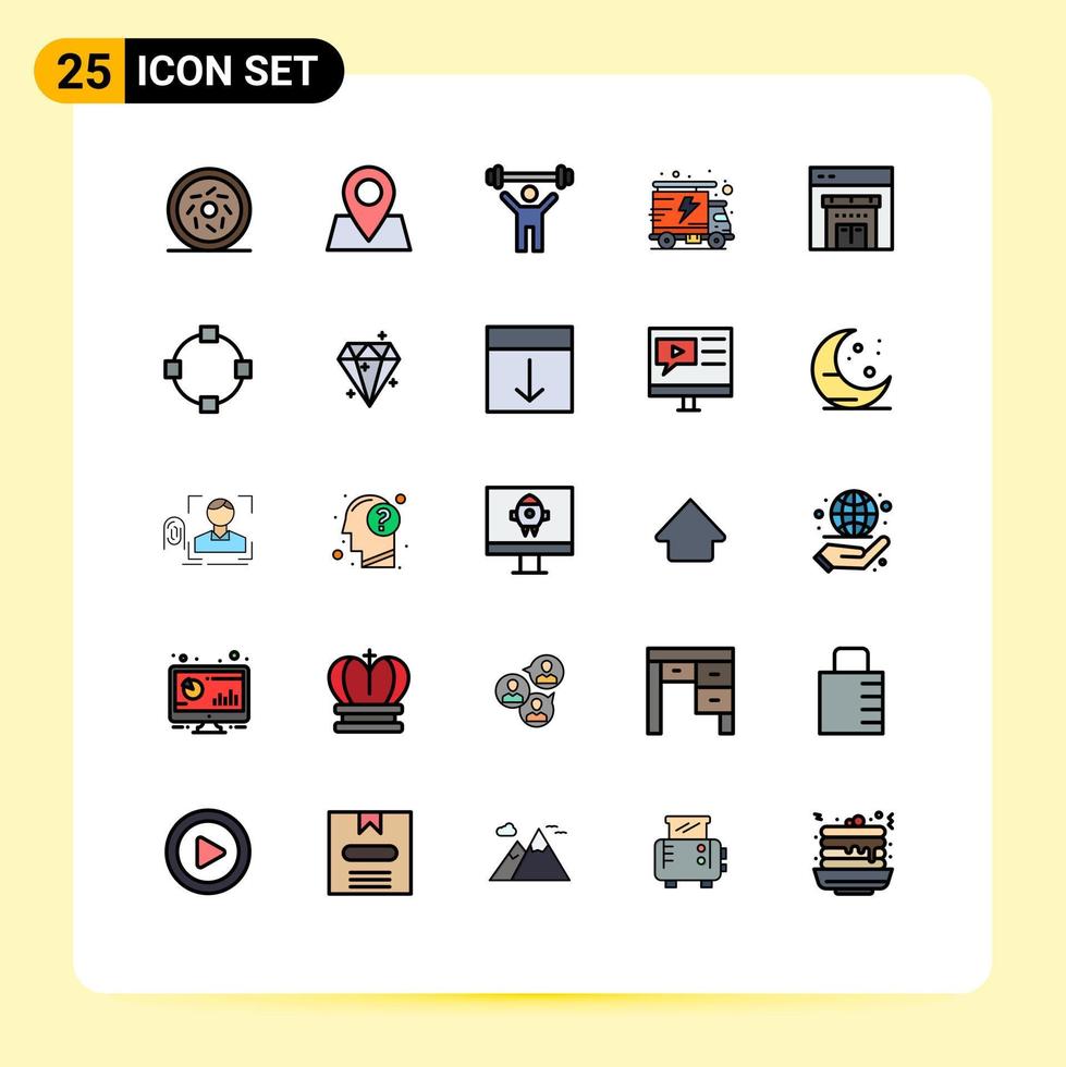25 fylld linje platt Färg begrepp för webbplatser mobil och appar väg handla hiss Lagra lastbil redigerbar vektor design element