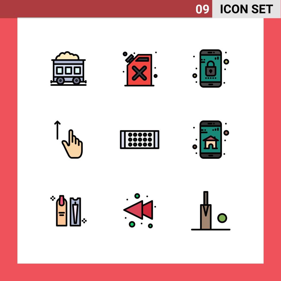 moderner Satz von 9 gefüllten flachen Farben Piktogramm der Streifenlampe mobile Handgeste editierbare Vektordesign-Elemente vektor