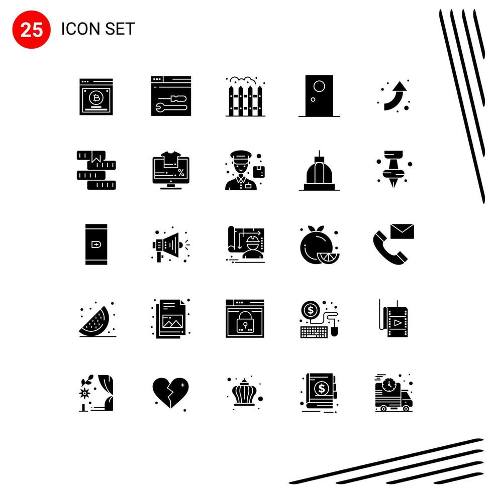 Set mit 25 kommerziellen Solid-Glyphen-Packs für Pfeile runder Hausinneneingang editierbare Vektordesign-Elemente vektor
