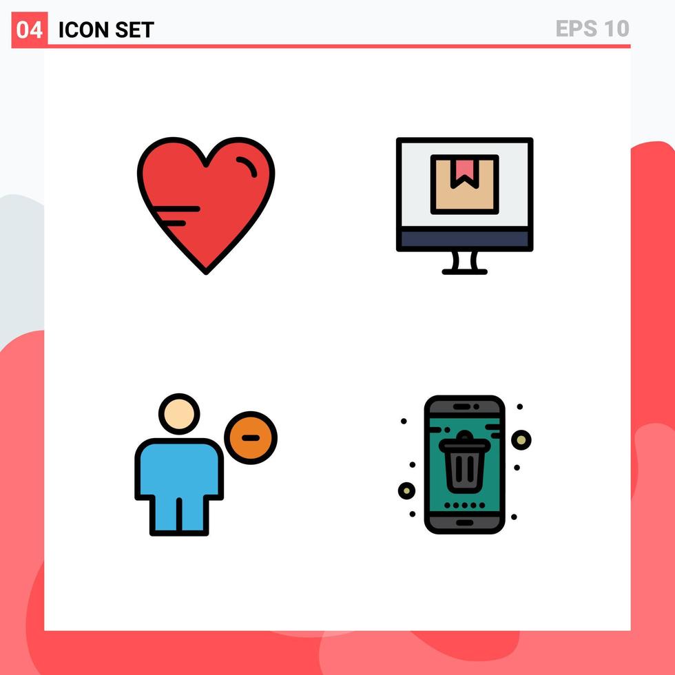 mobil gränssnitt fylld linje platt Färg uppsättning av 4 piktogram av hjärta avatar utbildning leverans radera redigerbar vektor design element