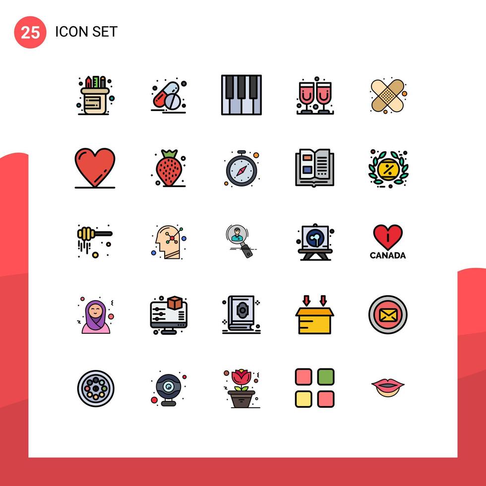 universelle Symbolsymbole Gruppe von 25 modernen gefüllten Linien flache Farben von Liebe Herz Klavier Erste Hilfe Pflaster editierbare Vektordesign-Elemente vektor