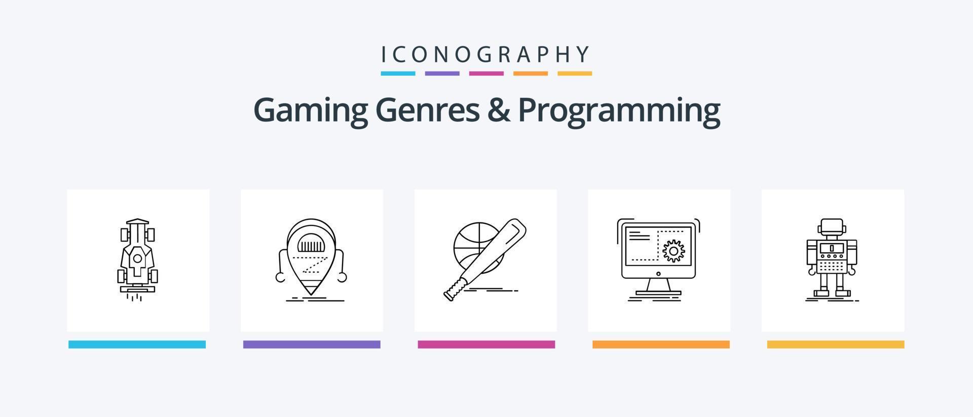 Gaming-Genres und Programmierlinie 5 Icon Pack inklusive Root. Administrator. Entwickler. abspielen. Spiel. kreatives Symboldesign vektor