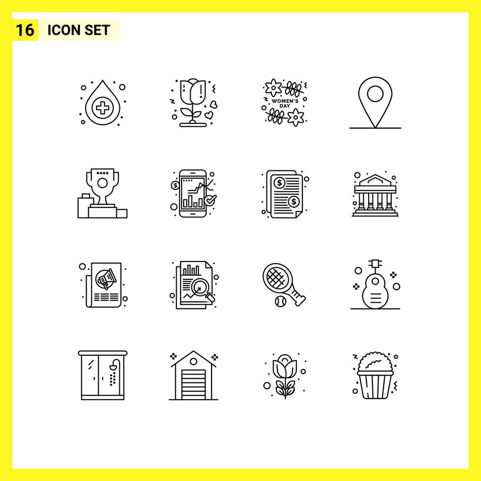 Aktienvektor-Icon-Pack mit 16 Zeilenzeichen und Symbolen für Goblet-Champion-Organisationszeremonie-Auto-editierbare Vektordesign-Elemente vektor