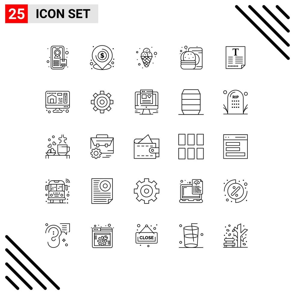 Zeilenpaket mit 25 universellen Symbolen für Quelltext-Eisdatei-Fast-Food-editierbare Vektordesign-Elemente vektor