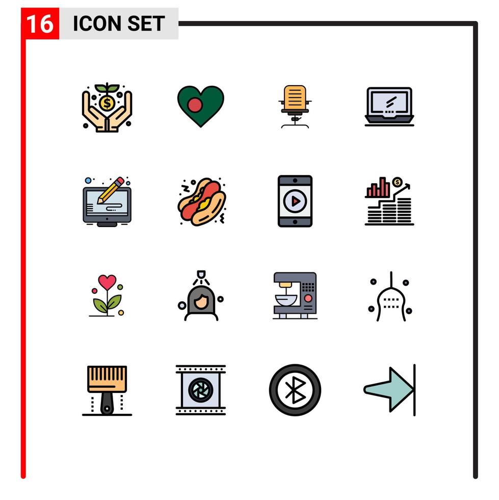 satz von 16 vektorflachen farbgefüllten linien auf raster für gerät computerflagge bürostuhl editierbare kreative vektordesignelemente vektor