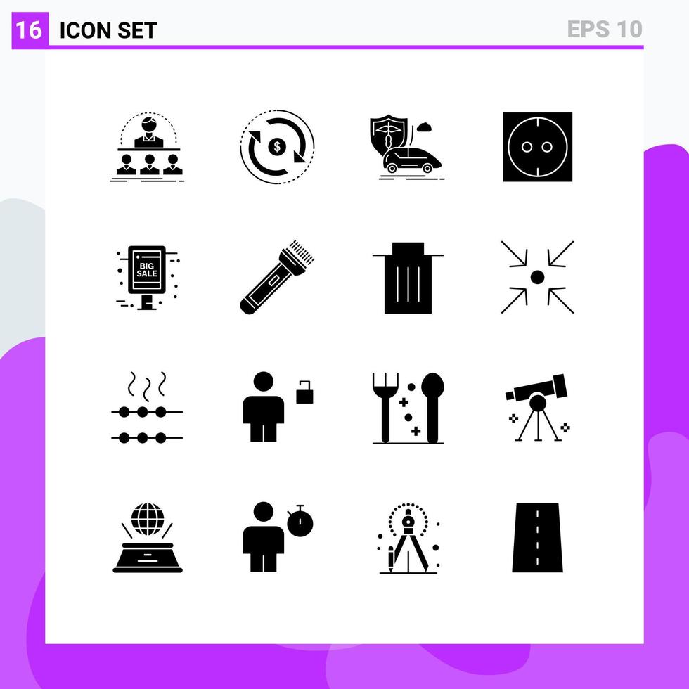 moderner Satz von 16 soliden Glyphen-Piktogrammen von bearbeitbaren Vektordesign-Elementen für die Sicherheitsversicherung des großen Verkaufselektromarkts vektor