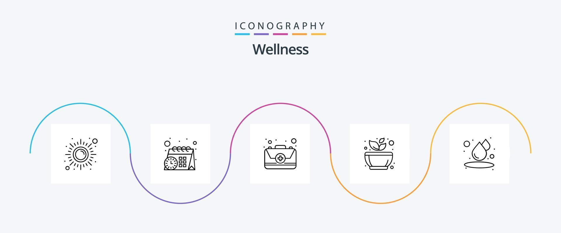 wellness linje 5 ikon packa Inklusive släppa. spa. hjälpa. lugna. slipning vektor