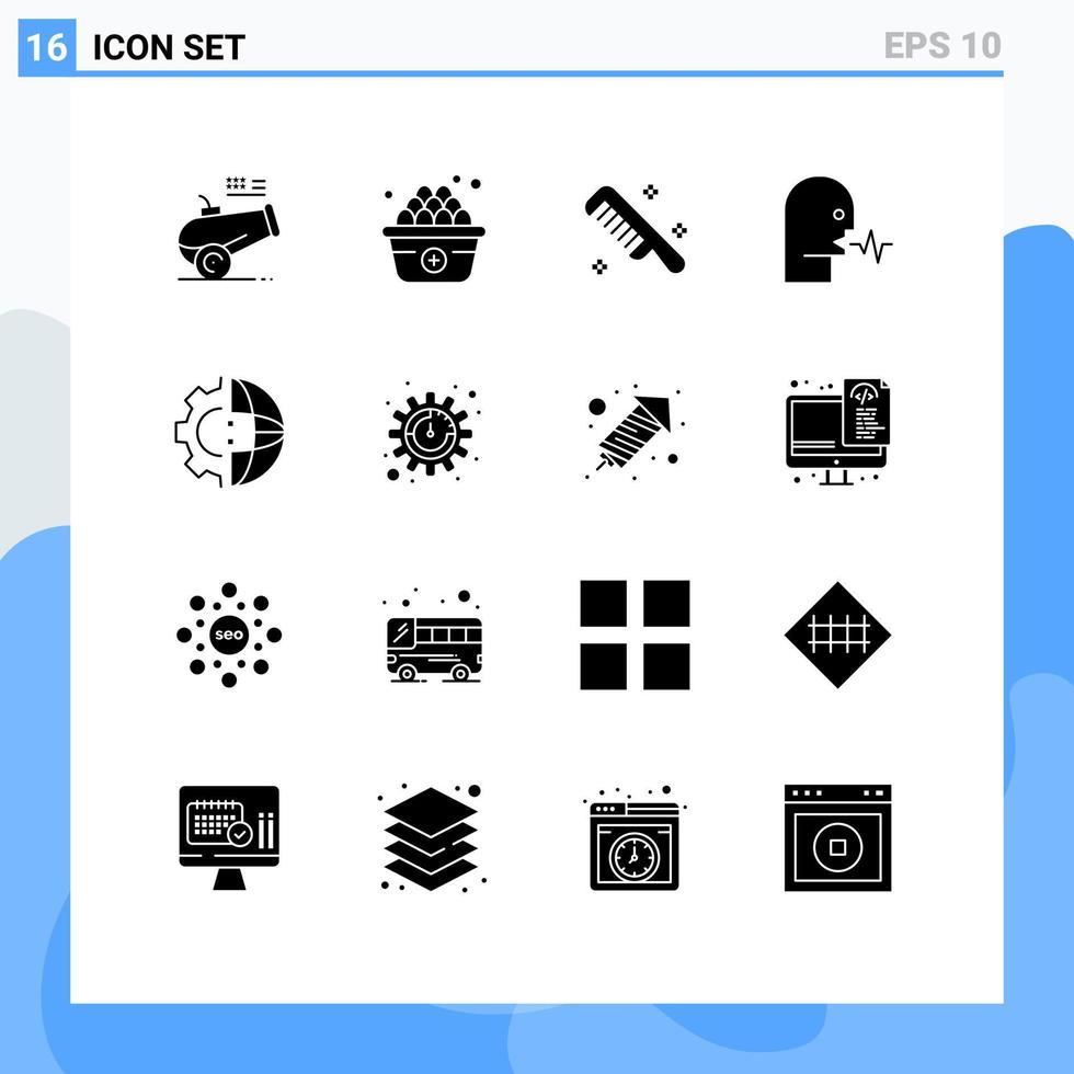 Stock Vector Icon Pack mit 16 Zeilen Zeichen und Symbolen für Gear Talk Kamm Rede menschliche editierbare Vektordesign-Elemente