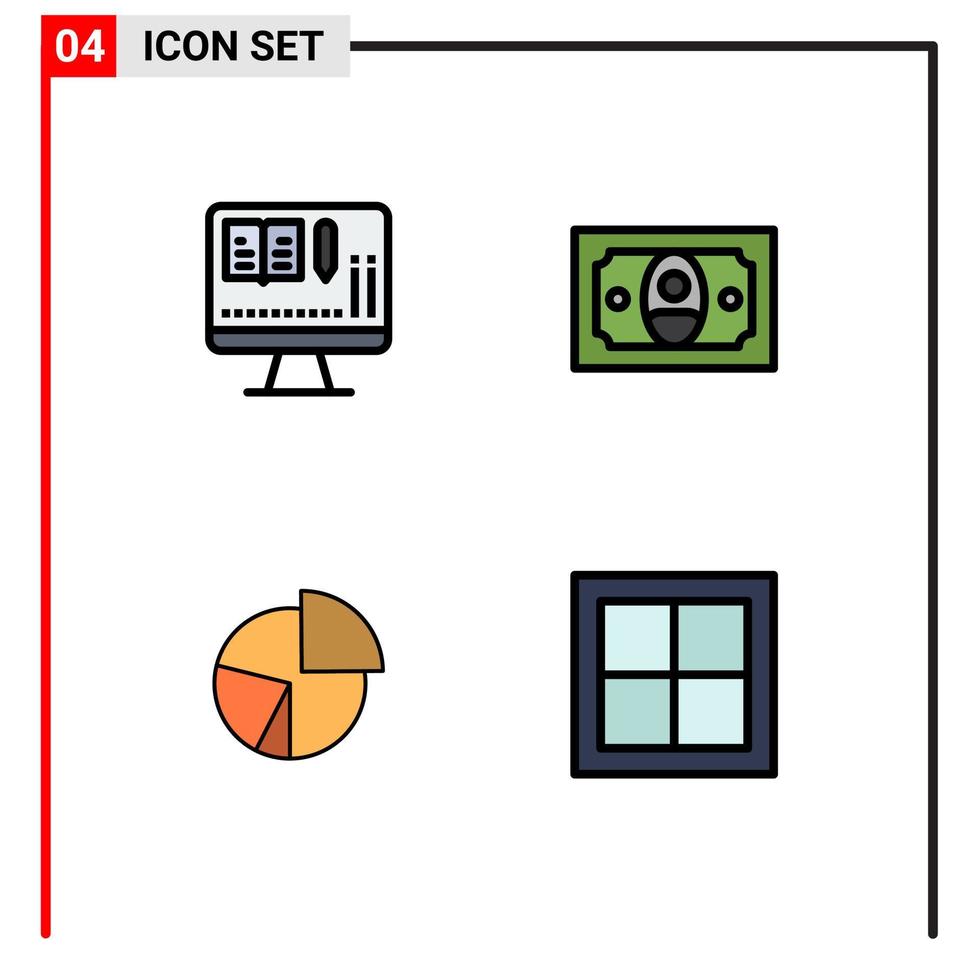 packa av 4 modern fylld linje platt färger tecken och symboler för webb skriva ut media sådan som övervaka finansiera kontanter Diagram paj redigerbar vektor design element