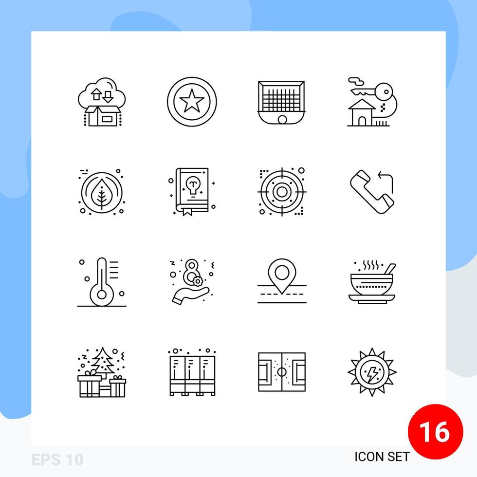 Stock Vector Icon Pack mit 16 Zeilen Zeichen und Symbolen für Blatt Immobilien Ballhaus Fußball editierbare Vektordesign-Elemente