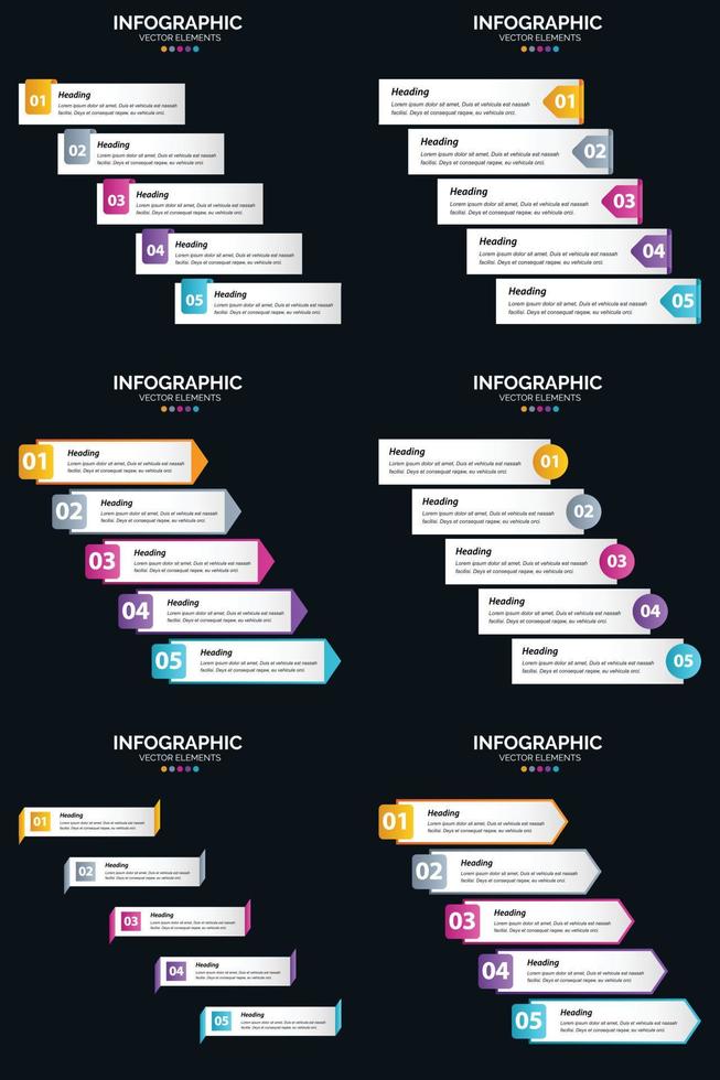 Vektor 6 Infografiken Pack Präsentationsfolie Vorlage 5 Schritte Zyklusdiagramme und Zeitleisten