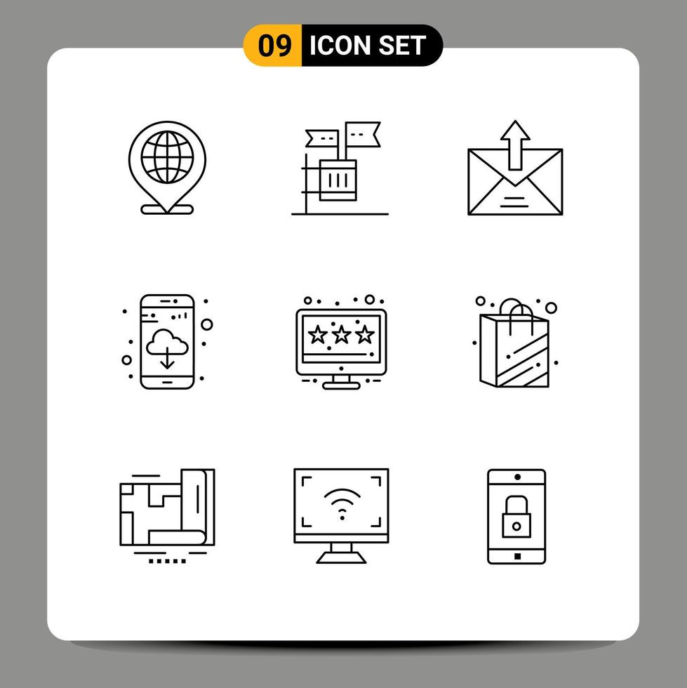 Gliederungspaket mit 9 universellen Symbolen der Bewertungs-App-Download-Junk-App-Umrisse editierbare Vektordesign-Elemente vektor