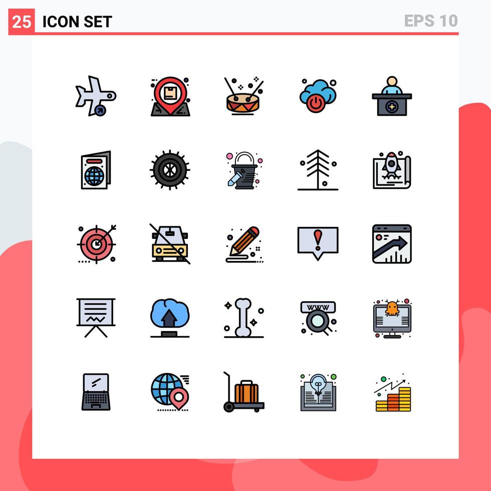 25 fylld linje platt Färg begrepp för webbplatser mobil och appar sjukhus kraft inkorg moln musik redigerbar vektor design element