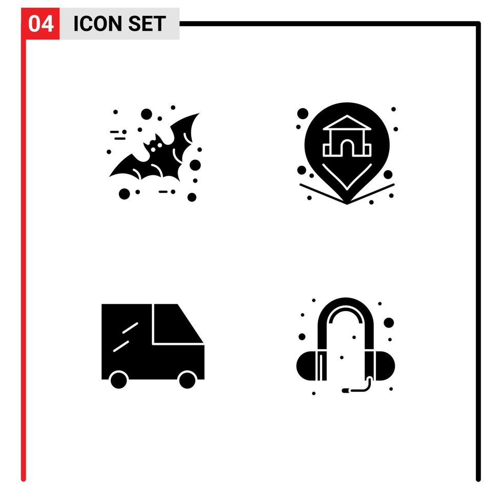 Stock Vector Icon Pack mit 4 Zeilenzeichen und Symbolen für Fledermausfahrzeuge beängstigendes Eigentum Kopfhörer editierbare Vektordesign-Elemente