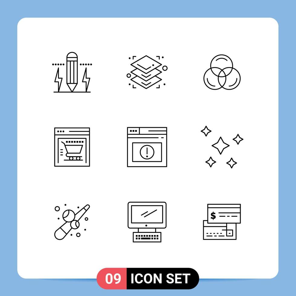 Gliederungspaket mit 9 universellen Symbolen für Website-Warnung, RGB-Seite, Einkaufswagen, editierbare Vektordesign-Elemente vektor