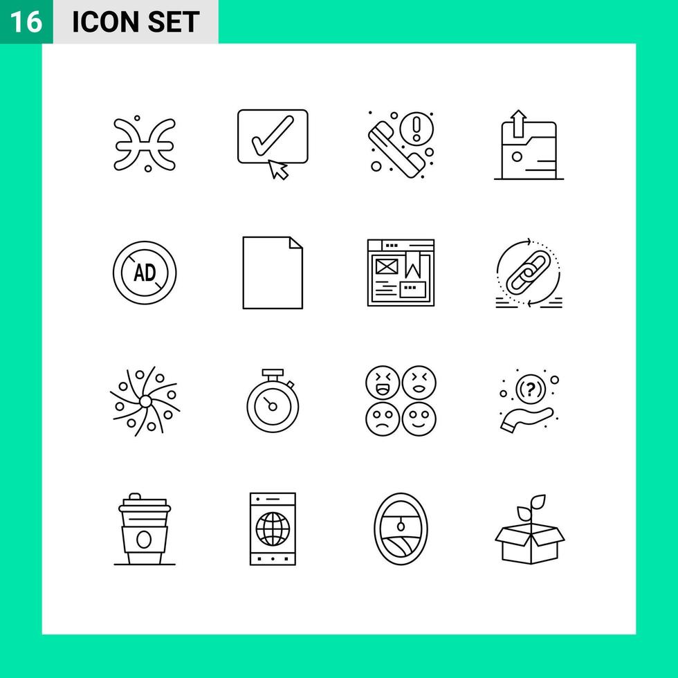grupp av 16 konturer tecken och symboler för ad blockerare ad ring upp ladda upp företag redigerbar vektor design element