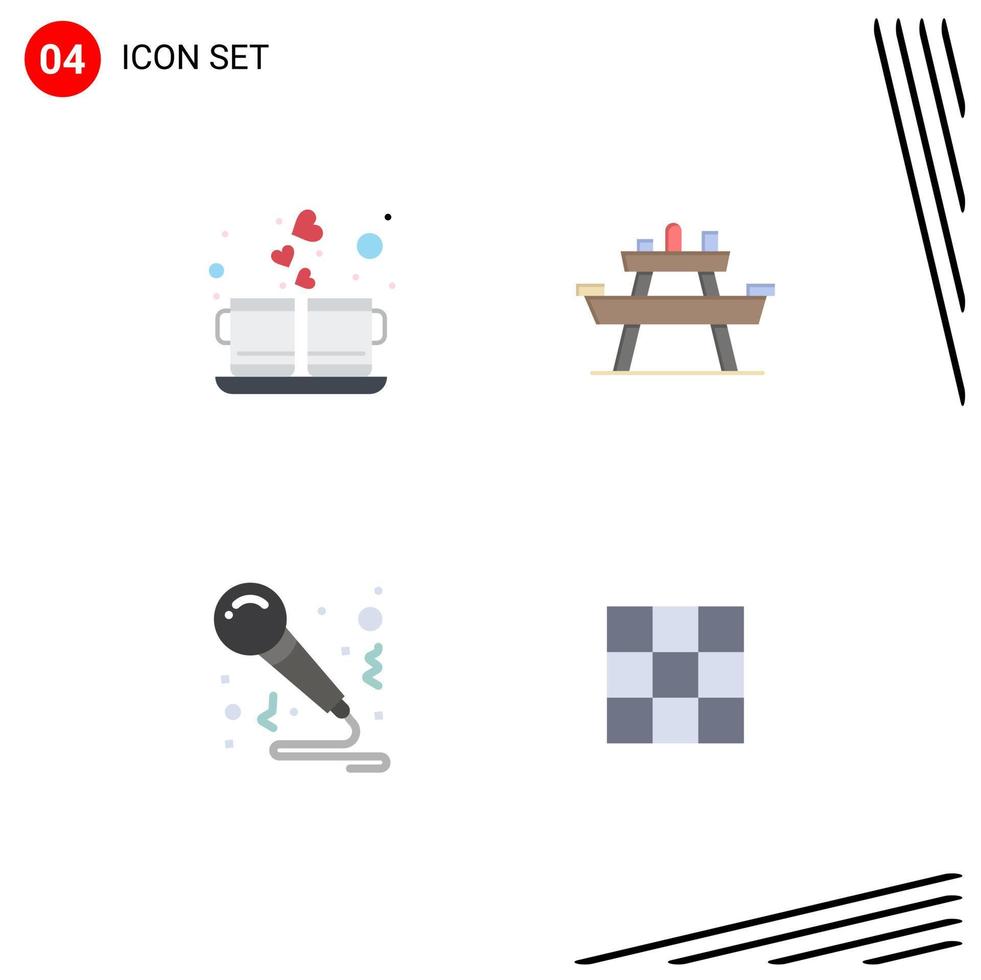 Flaches Icon-Paket mit 4 universellen Symbolen für Kaffee-Picknick-Getränke-Essen-Musik editierbare Vektordesign-Elemente vektor