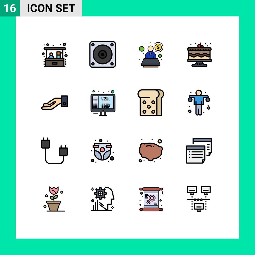 piktogram uppsättning av 16 enkel platt Färg fylld rader av koda hand konsult allmosa mat redigerbar kreativ vektor design element