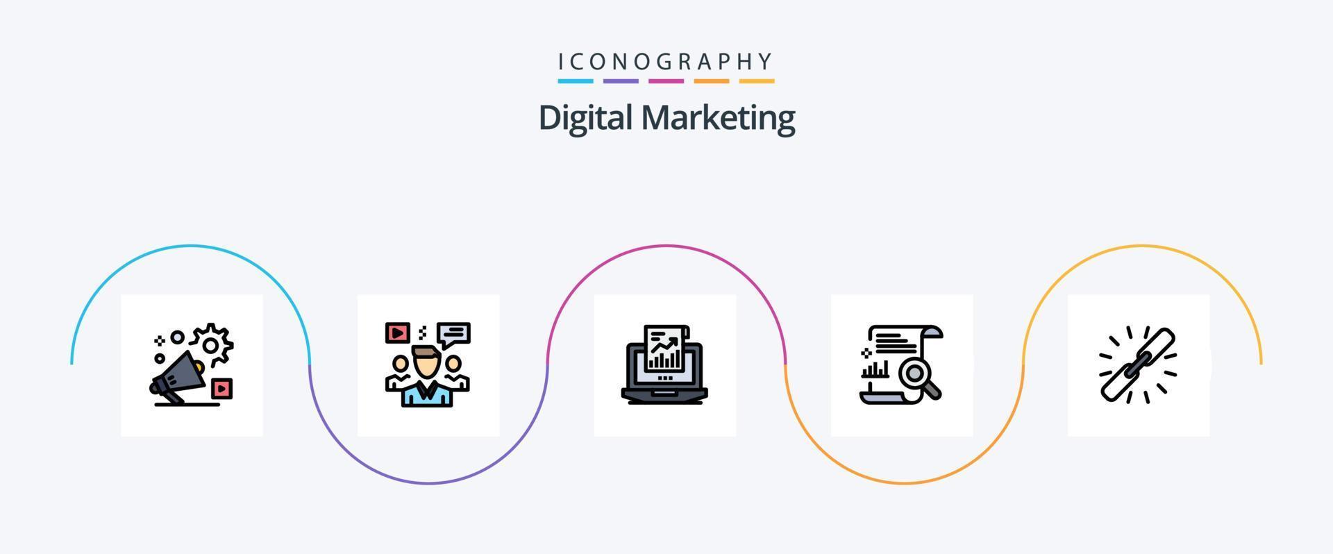 digital marknadsföring linje fylld platt 5 ikon packa Inklusive fil. Diagram. video. dator. försäljning vektor