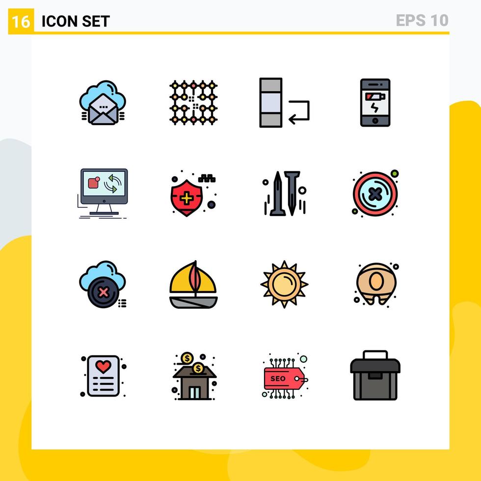 Gruppe von 16 modernen, flachen, farbgefüllten Linien, die für die Aktualisierung von Telefonnetzladungsaustausch-editierbaren kreativen Vektordesign-Elementen festgelegt werden vektor