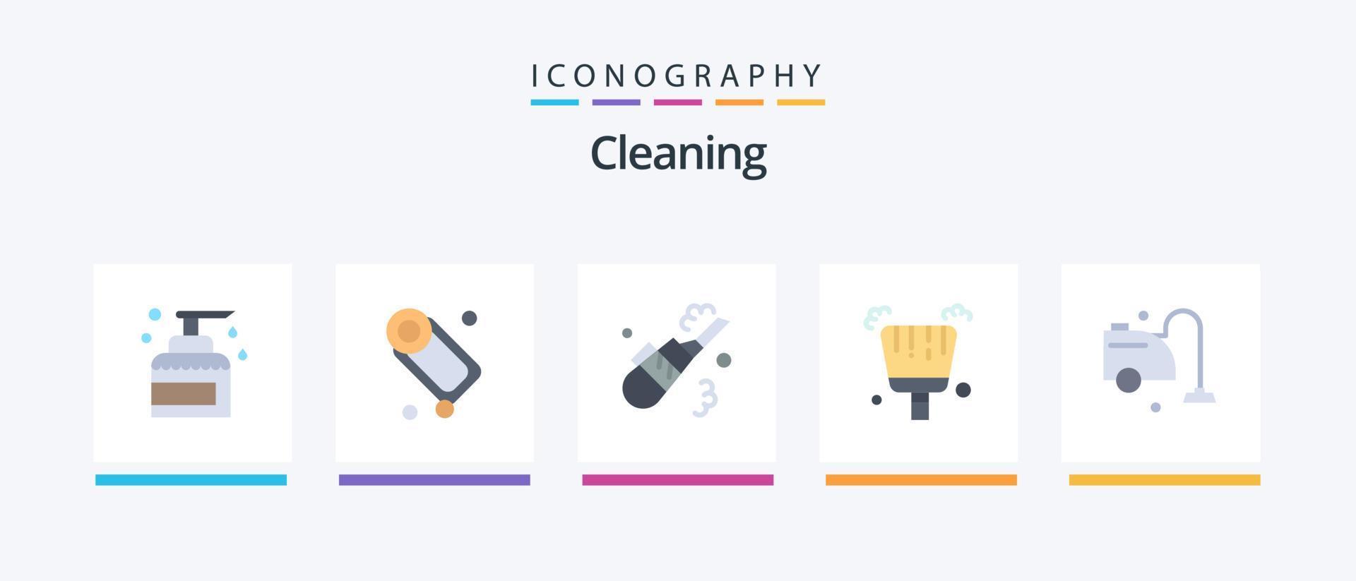 Cleaning Flat 5 Icon Pack inklusive Reiniger. fegen. Seife. Schaufel. Rohr. kreatives Symboldesign vektor