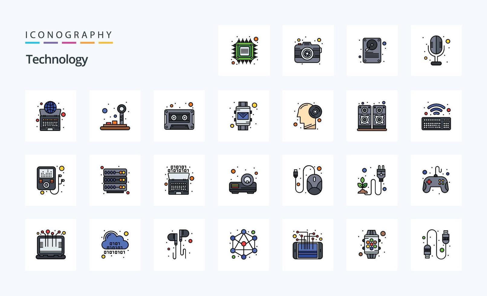 25 mit Technologiezeilen gefüllter Stil-Icon-Pack vektor