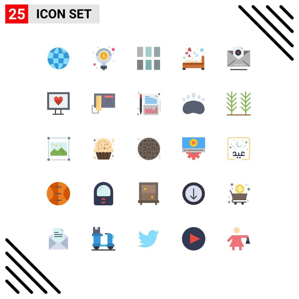 Flache Farbpackung mit 25 universellen Symbolen der Liebe, Herz, Geld, Schlafzimmer, Bild, editierbare Vektordesign-Elemente vektor