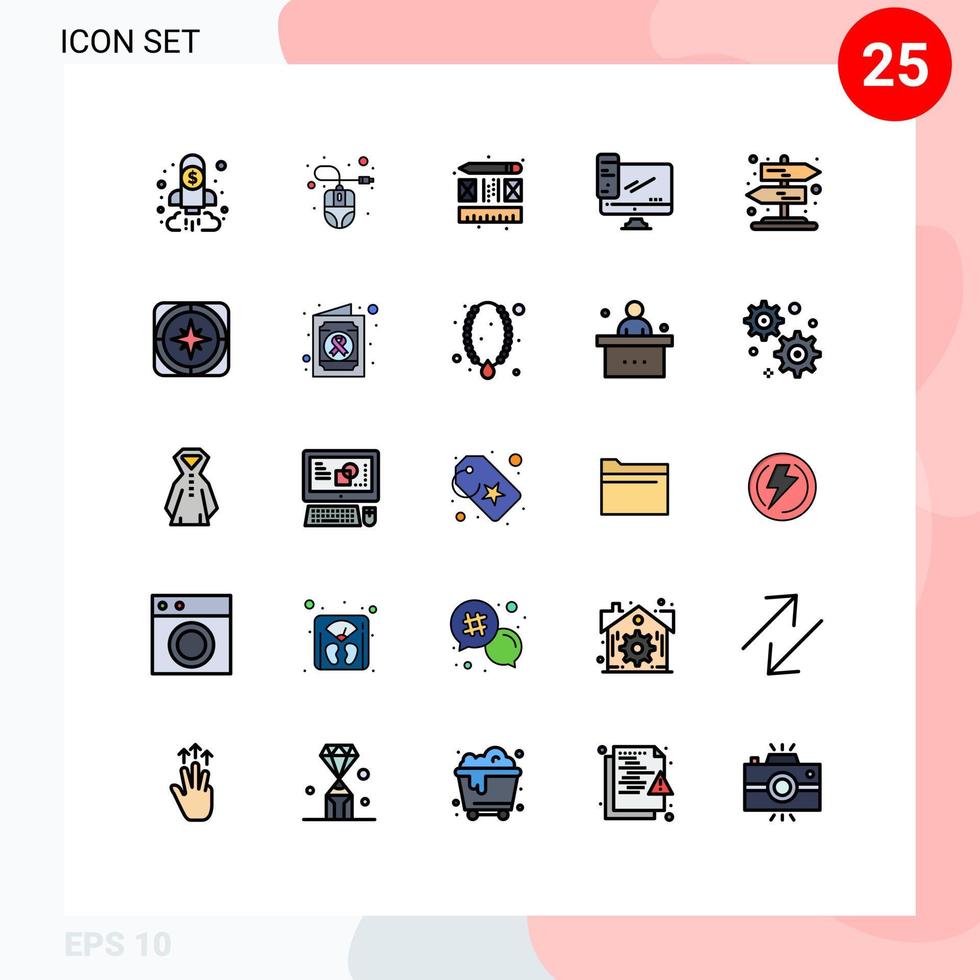 Satz von 25 kommerziellen gefüllten Linien-Flachfarbpaketen für Straßen-PC-Mausgeräte computerbearbeitbare Vektordesign-Elemente vektor