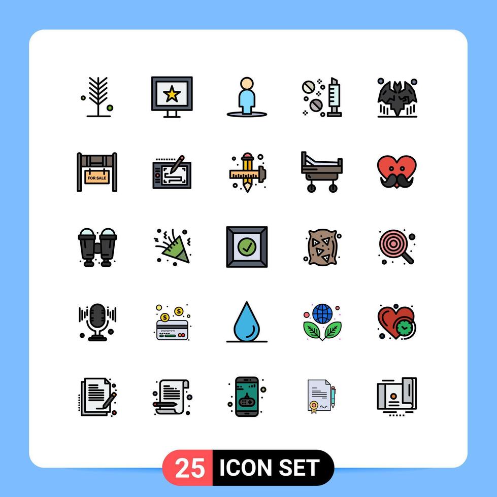25 thematische vektorgefüllte flache Linienfarben und editierbare Symbole von Halloween-Fledermaus-Avatar-Spritzen-Drogen editierbare Vektordesign-Elemente vektor