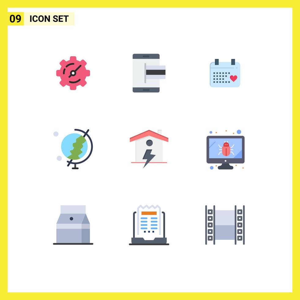 9 flaches Farbkonzept für mobile Websites und Apps Energie Home Kalender Globus Erde editierbare Vektordesign-Elemente vektor