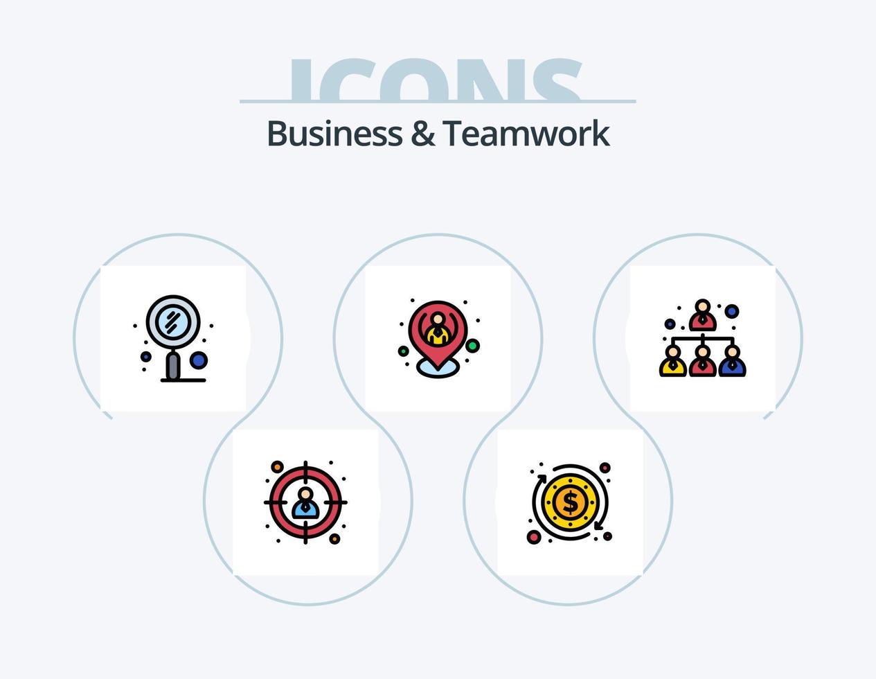 företag och lagarbete linje fylld ikon packa 5 ikon design. skanna. mål. anställd. mål. Resurser vektor