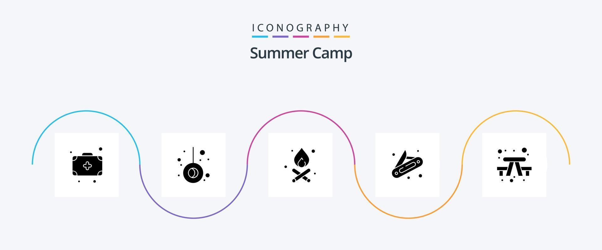 Summer Camp Glyph 5 Icon Pack inklusive . reisen. Feuer. draussen. Bank vektor