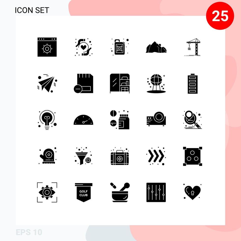 editierbares Vektorlinienpaket mit 25 einfachen soliden Glyphen der Baukran-Benzinszene Natur editierbare Vektordesign-Elemente vektor