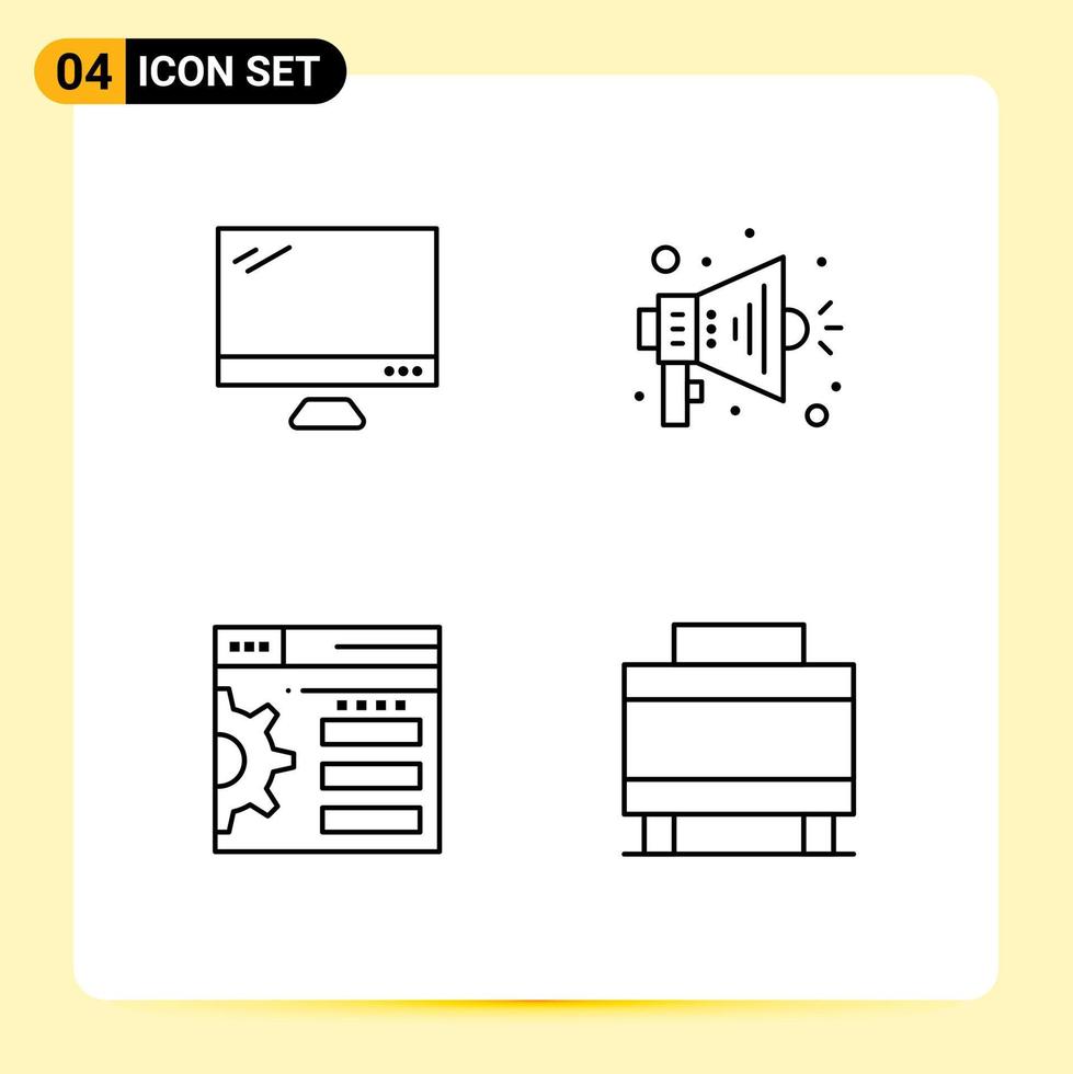 editierbares Vektorlinienpaket mit 4 einfachen gefüllten flachen Farben der Computereinstellung imac Megaphon Gepäck editierbare Vektordesignelemente vektor