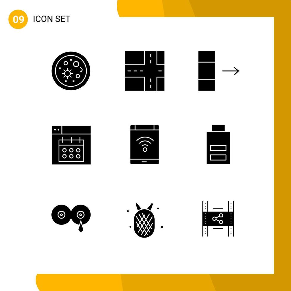 fast glyf packa av 9 universell symboler av batteri telefon webb nätverk förbindelse redigerbar vektor design element