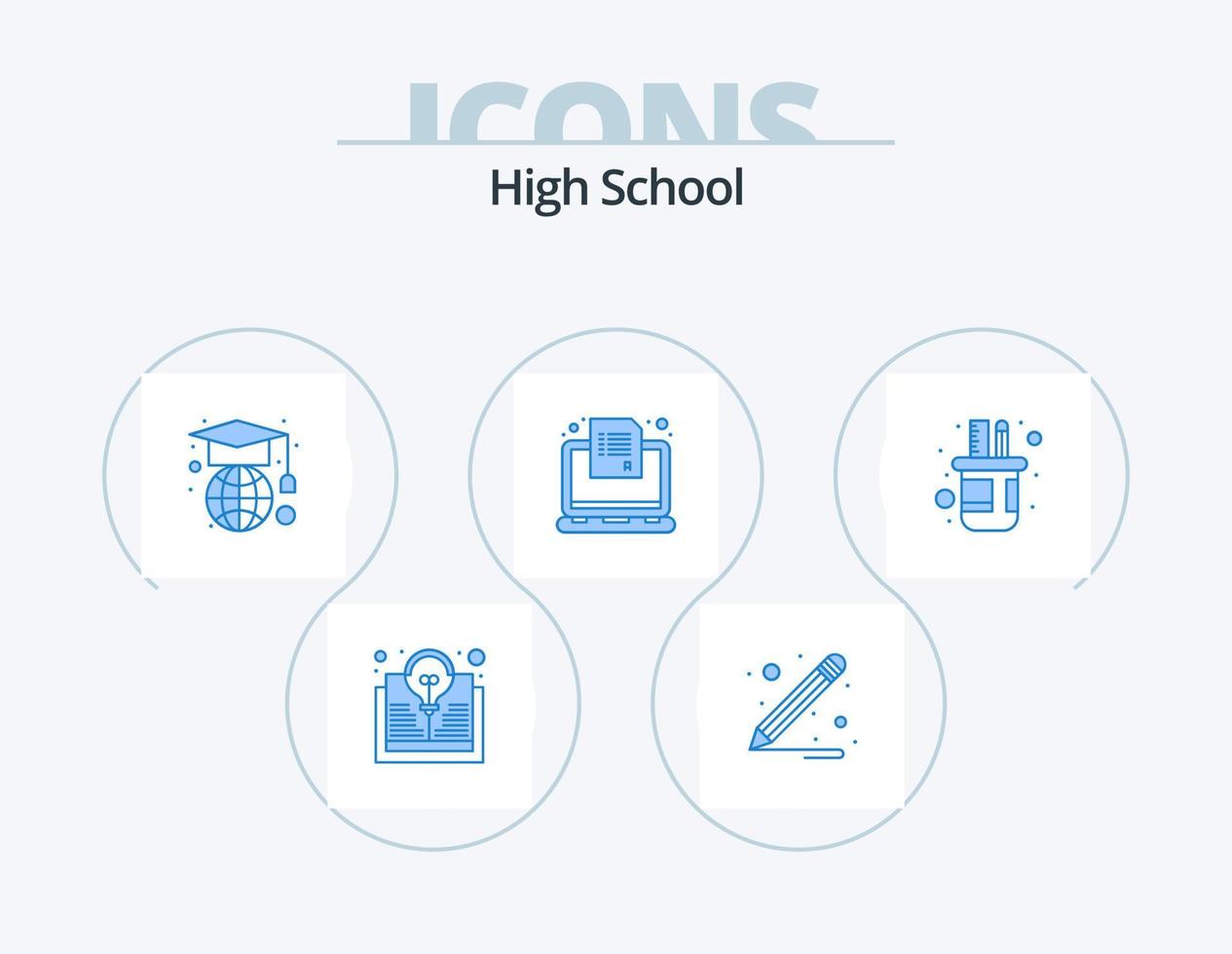 hög skola blå ikon packa 5 ikon design. skala. penna. klot. hållare. frågeformulär vektor